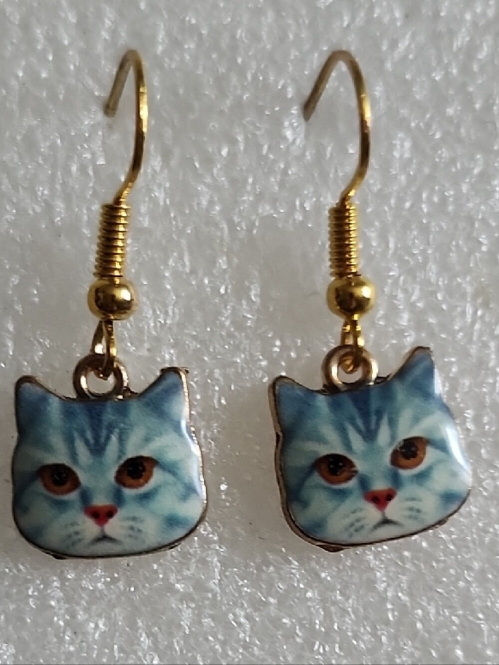 Hand Crafted Blue Cat Face Drop Earrings